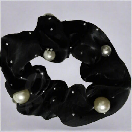 Black Organza Pearls Scrunchies