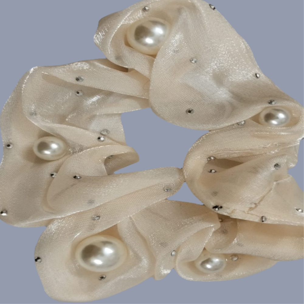 Cream Organza Pearls Scrunchies