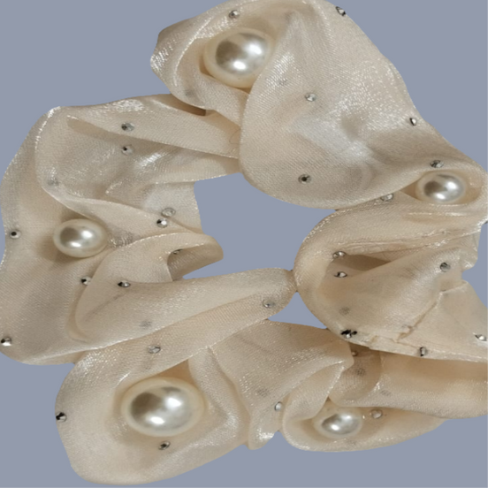 Cream Organza Pearls Scrunchies