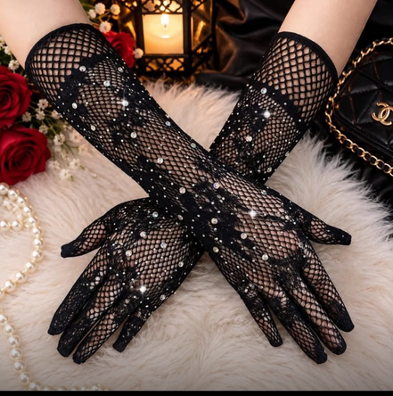 Fancy net long size Gloves with studs