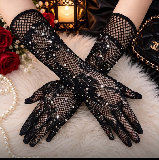 Fancy net long size Gloves with studs