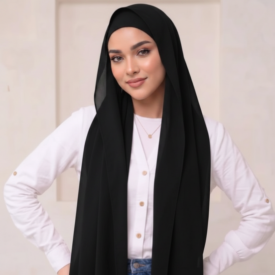 Black Pre-Sewn Attached Magnet Hijab-
