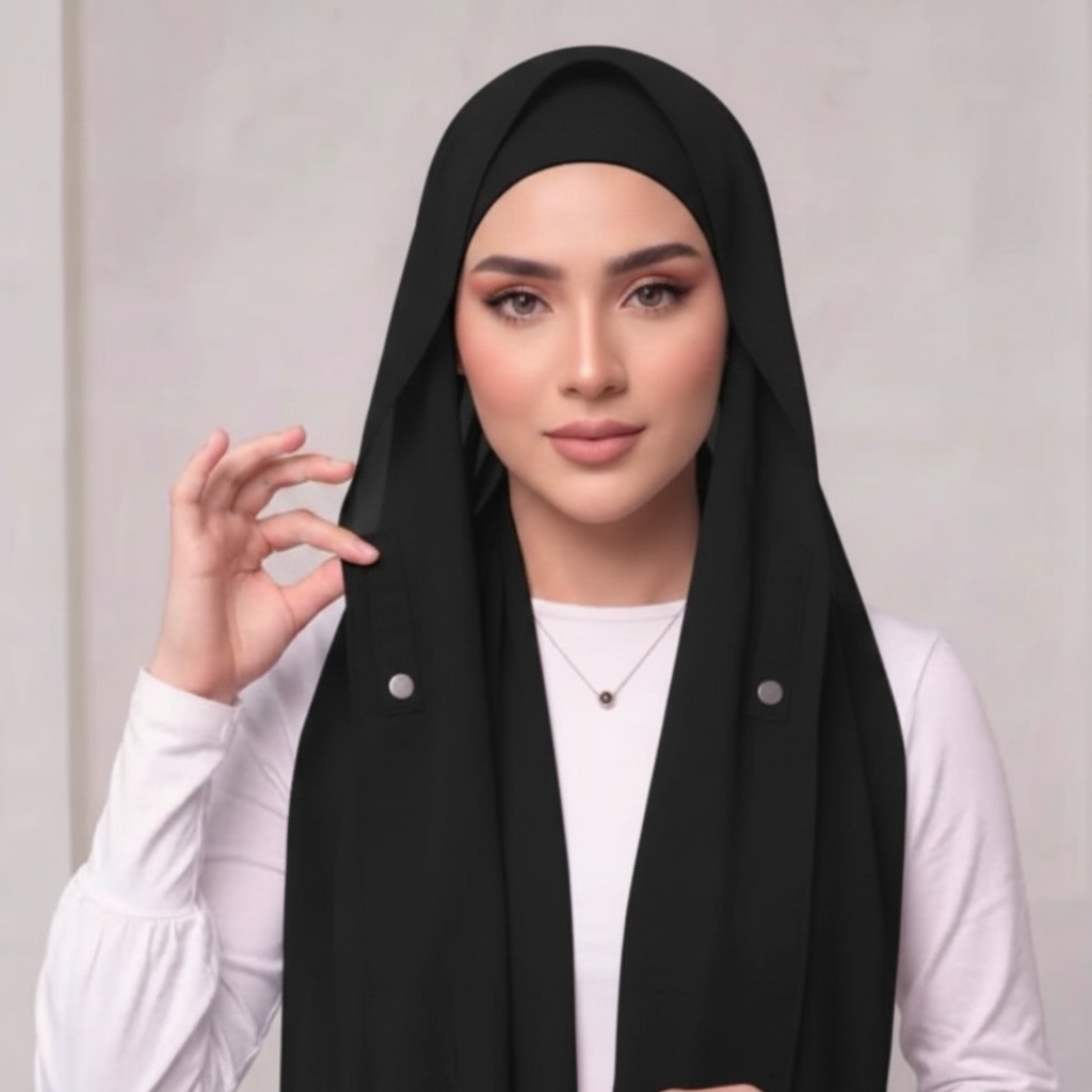 Black Pre-Sewn Attached Magnet Hijab-