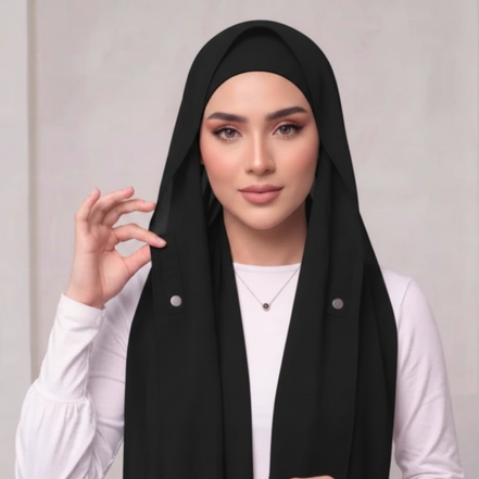 Black Pre-Sewn Attached Magnet Hijab-