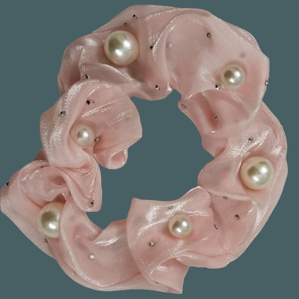 Pink  Organza Pearls Scrunchies