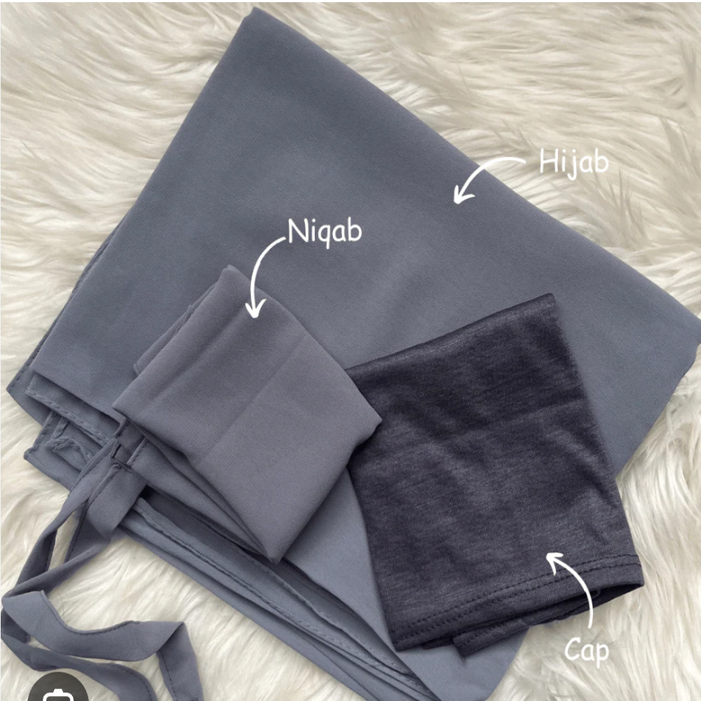 Grey  Hijab, Niqab and Cap Set Georgette Chiffon