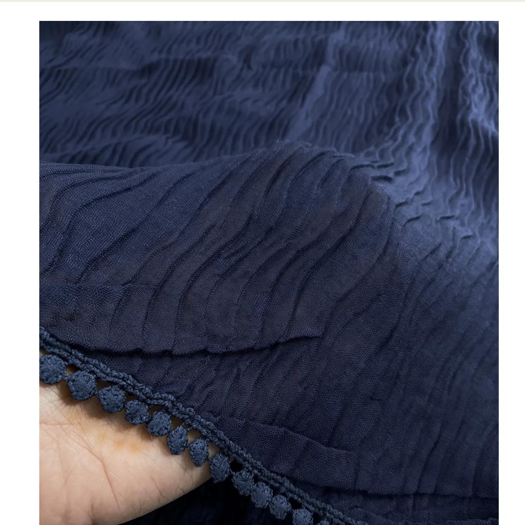 Navy  Cotton Pleated Lace Hijab