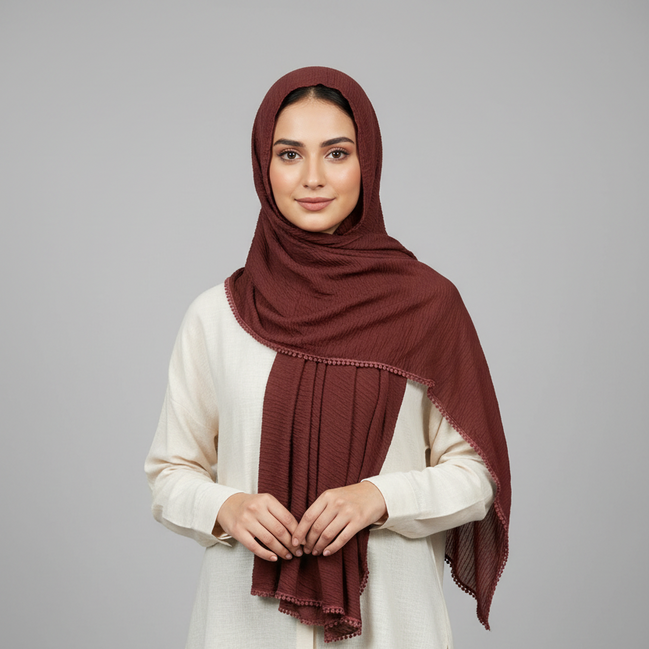 Terracotta Cotton Pleated Lace Hijab
