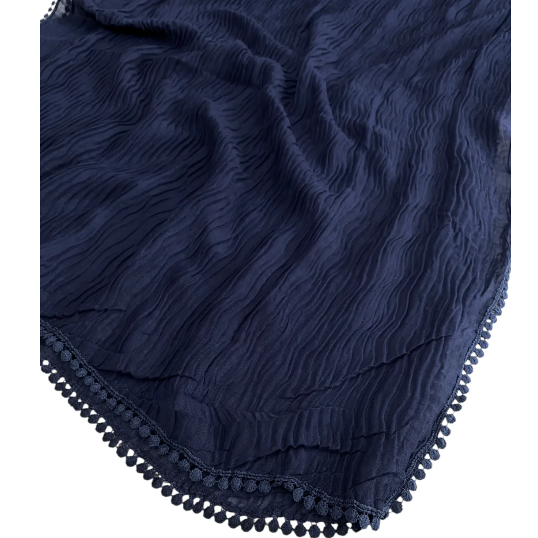 Navy  Cotton Pleated Lace Hijab