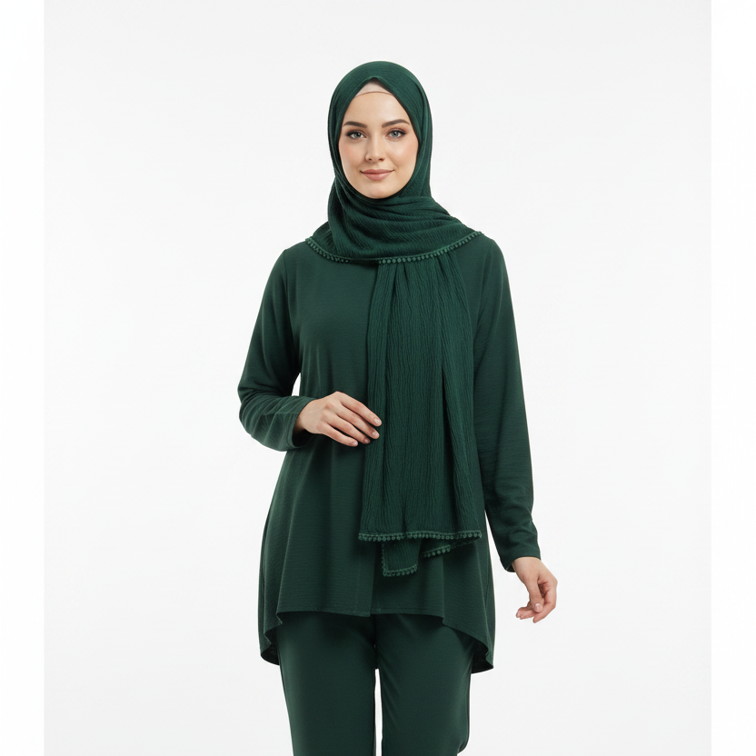 Bottle green Cotton Pleated Lace Hijab