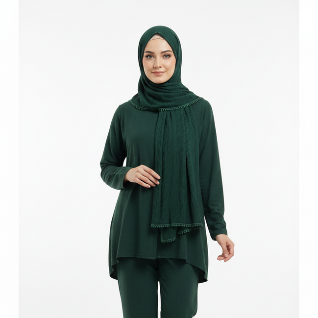 Bottle green Cotton Pleated Lace Hijab