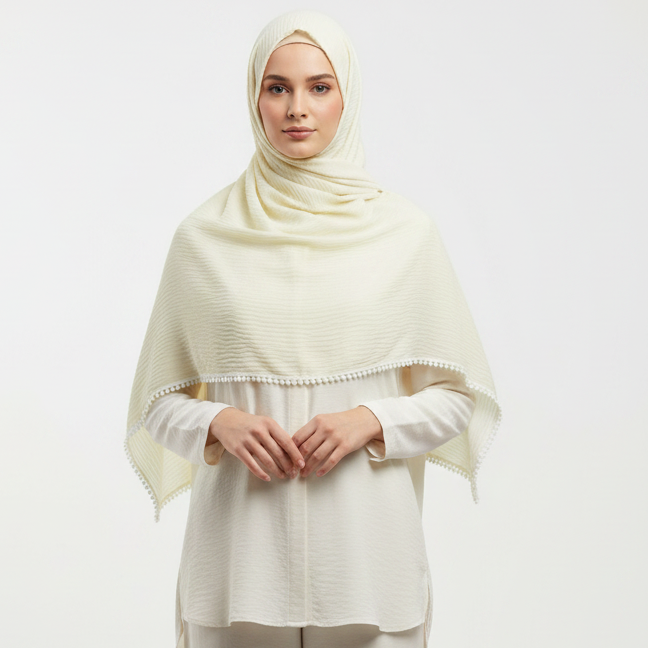 Cream Cotton Pleated Lace Hijab