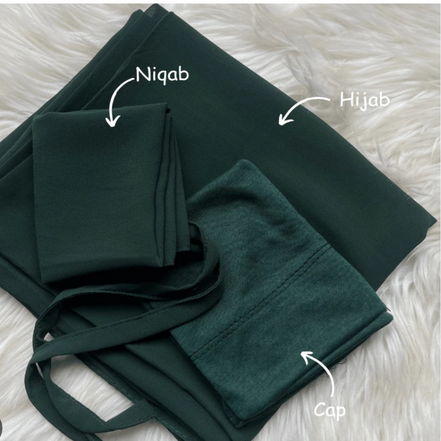 Bottle green Hijab, Niqab and Cap Set Georgette Chiffon