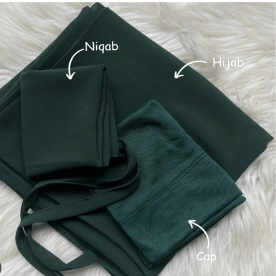 Bottle green Hijab, Niqab and Cap Set Georgette Chiffon