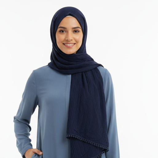 Navy  Cotton Pleated Lace Hijab