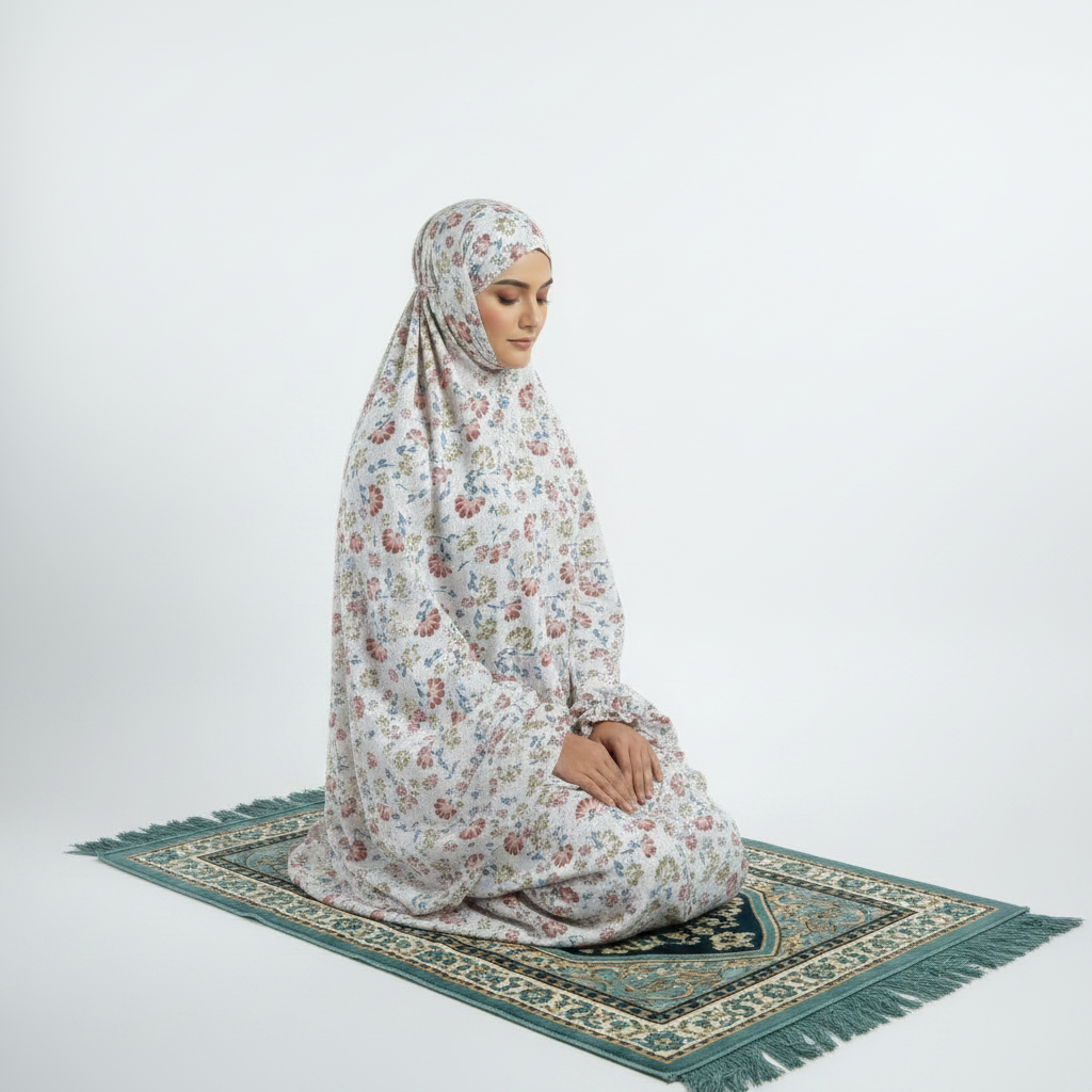 Printed White Namaz Chaddar (with sleeves)