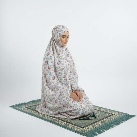 Printed White Namaz Chaddar (with sleeves)