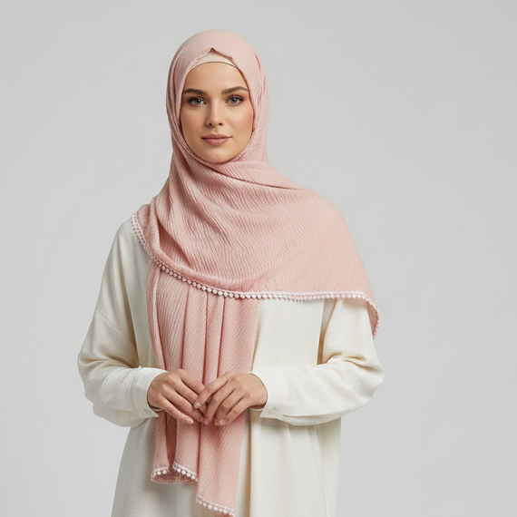Pink Cotton Pleated Lace Hijab