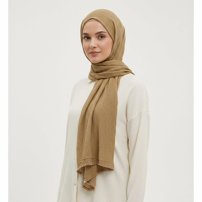 Beige Cotton Pleated Lace Hijab