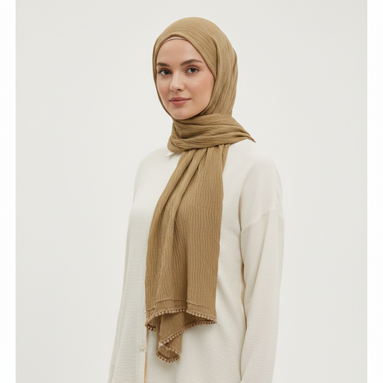Beige Cotton Pleated Lace Hijab