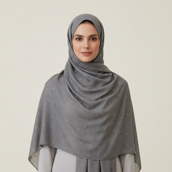 Grey  Golden Embossed Lawn