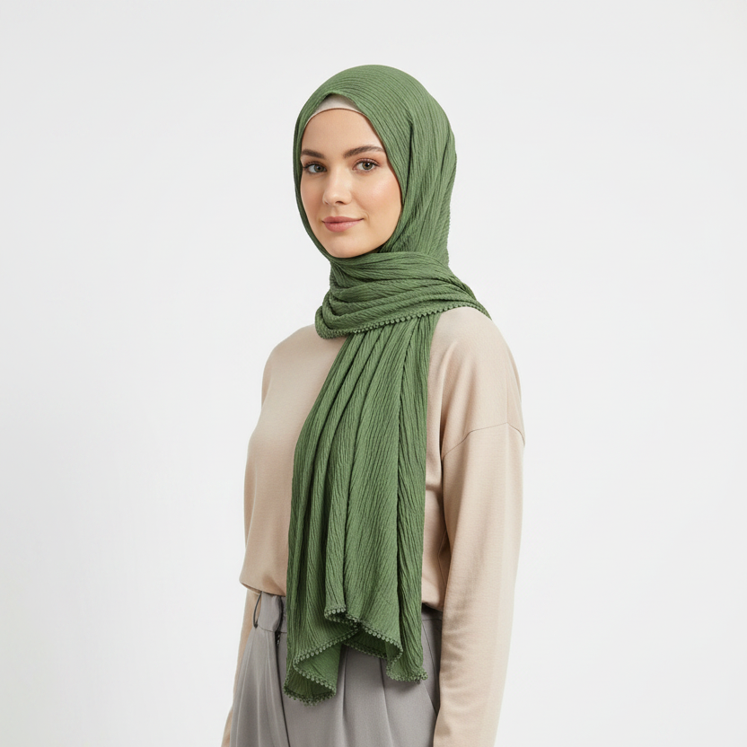 Sage Cotton Pleated Lace Hijab
