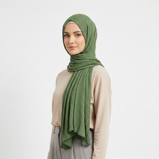 Sage Cotton Pleated Lace Hijab