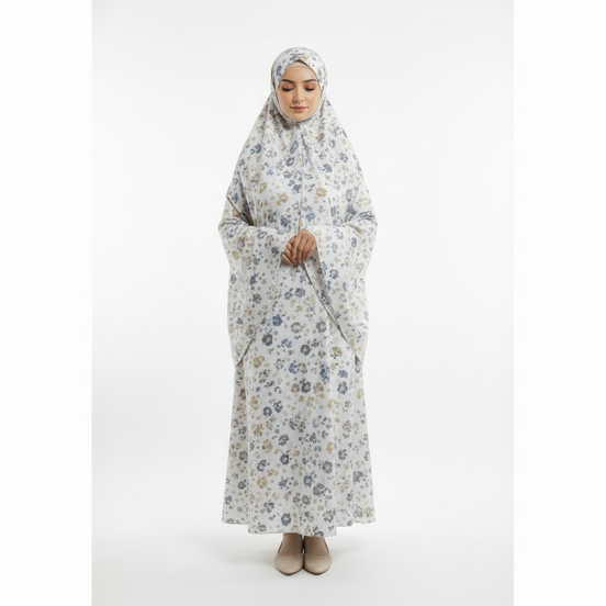 Printed White Namaz Chaddar (with sleeves)
